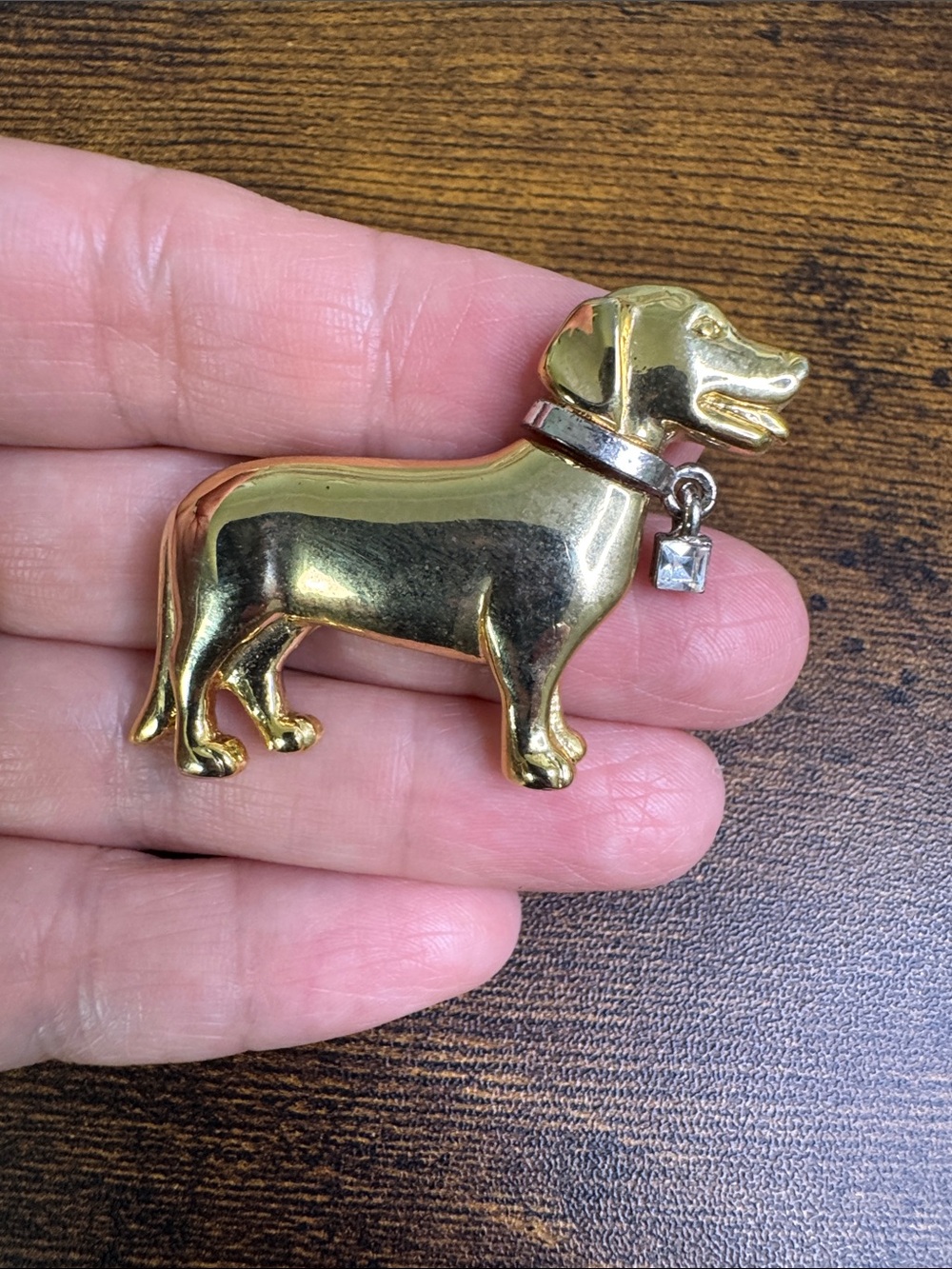 Vintage Gold Dachshund Brooch Pin with Clear Charm